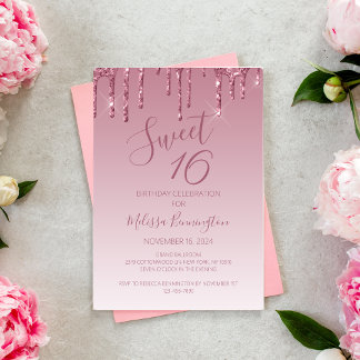 Eleganter Sweet 16 Rose Gold Pink Dripping Glitzer Einladung