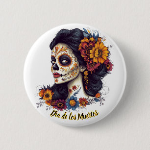 Eleganter Tag der Toten Schädelfrau Button