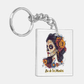 Eleganter Tag der Toten Schädelfrau Schlüsselanhänger (Vorderseite links)