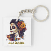 Eleganter Tag der Toten Schädelfrau Schlüsselanhänger (Rückseite)