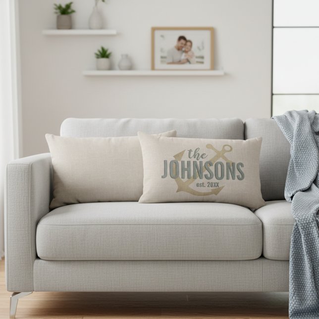 Eleganter Tan Familienname und Est. Jahr mit Anker Lendenkissen (Custom family name with est. date anchor lumbar pillow.)