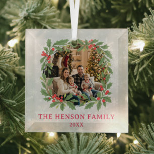 Eleganter Tannenkränze Frohe Weihnachten Foto Ornament Aus Glas