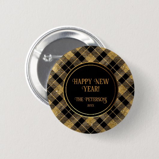 Eleganter Tartan Black Gold Glitzer Button (Vorne & Hinten)