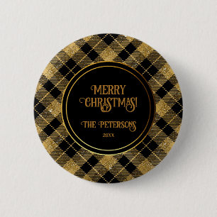Eleganter Tartan Black Gold Glitzer Button