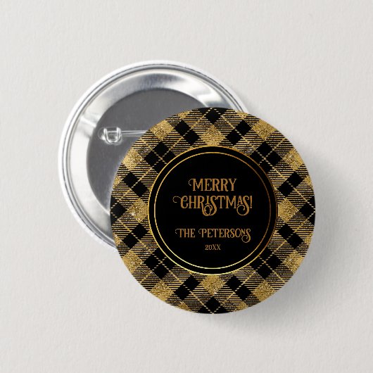 Eleganter Tartan Black Gold Glitzer Button (Vorne & Hinten)