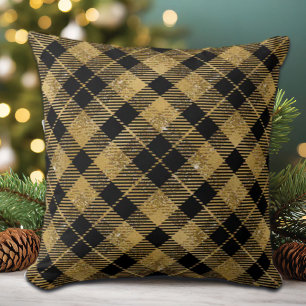Eleganter Tartan Black Gold Glitzer Kissen
