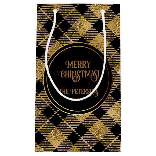 Eleganter Tartan Black Gold Glitzer Kleine Geschenktüte (Vorderseite)