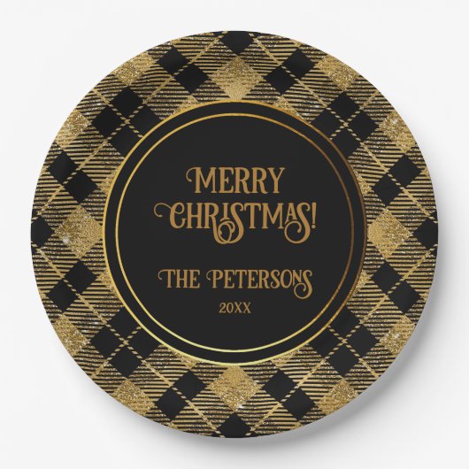 Eleganter Tartan Black Gold Glitzer Pappteller (Vorderseite)