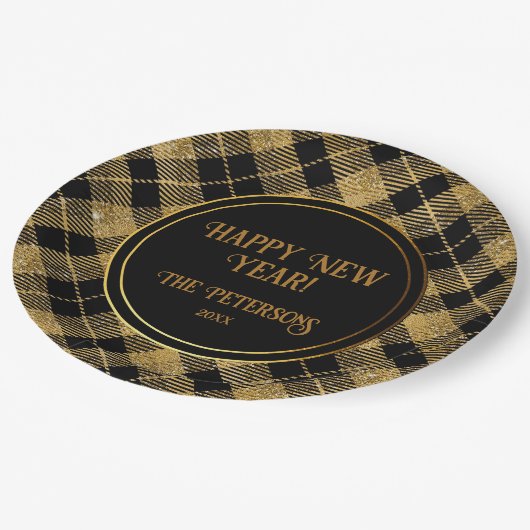 Eleganter Tartan Black Gold Glitzer Pappteller (Schrägansicht)