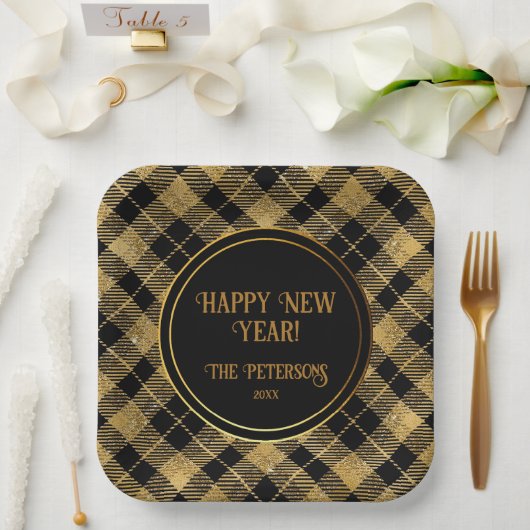 Eleganter Tartan Black Gold Glitzer Pappteller (Hochzeit)