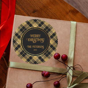 Eleganter Tartan Black Gold Glitzer Runder Aufkleber