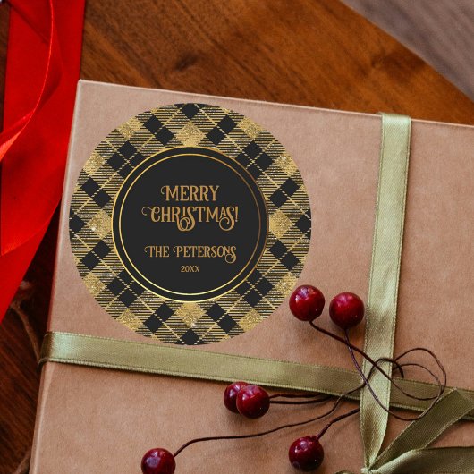 Eleganter Tartan Black Gold Glitzer Runder Aufkleber