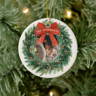 Eleganter Tartan-Karo Weihnachtsbaumschmuck mit Fa Keramik Ornament
