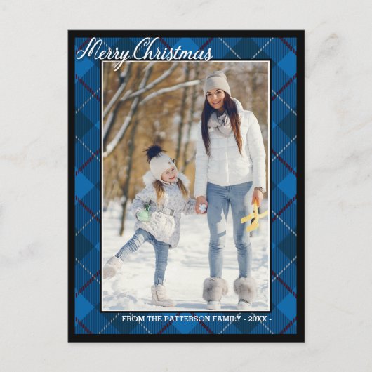Eleganter Tartan Style Frohe Weihnachtsfamilie Fot Postkarte (Vorderseite)