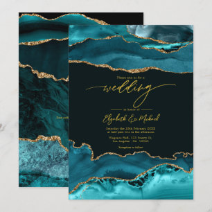 Eleganter Teal- und Gold-Achat-Hochzeits-QR-Code Einladung