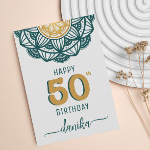 Eleganter Teal-und-Gold-Mandala 50. Geburtstag Karte