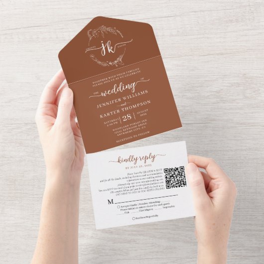 Eleganter Terracotta Monogram QR Code Wedding All In One Einladung (Abreißen)