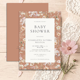 Eleganter Terrakotta-Wildblumen-QR-Code-Baby-Party Einladung