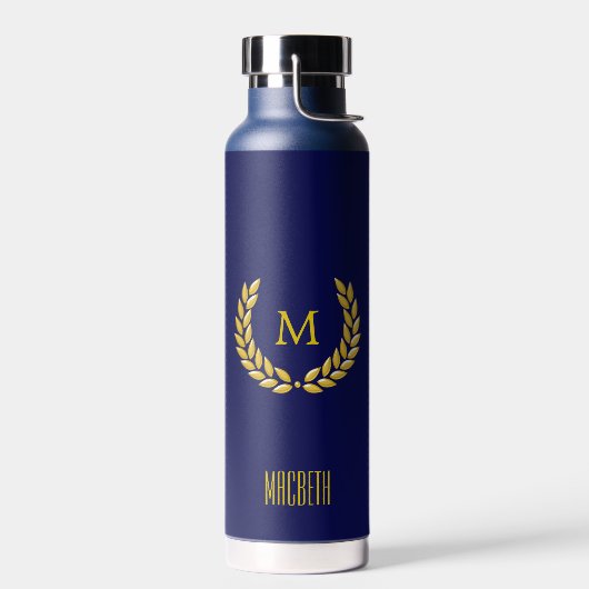 Eleganter Text, Monogramm und Gold Laurel Wreath Trinkflasche (Links)