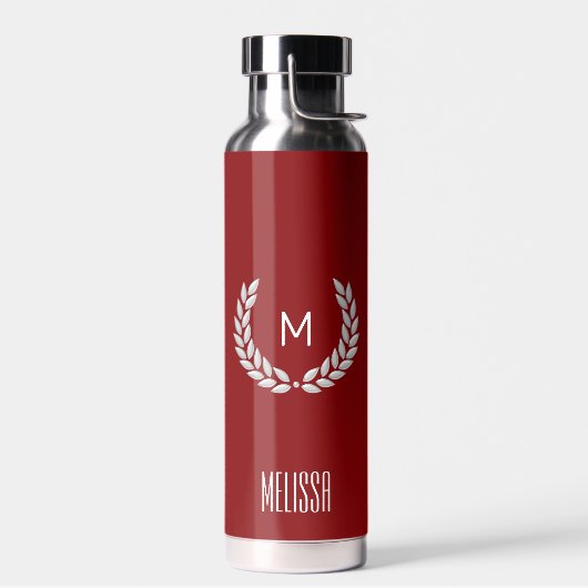 Eleganter Text, Monogramm und silberner Lorbeerkra Trinkflasche (Links)