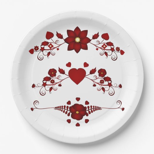 Eleganter tiefer roter Blumenschwung Pappteller (Vorderseite)