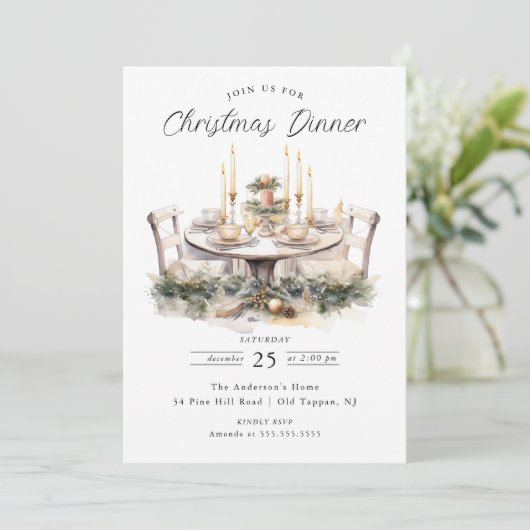 Eleganter Tisch Weihnachts-Abendessen Einladung (Stehend Vorderseite)
