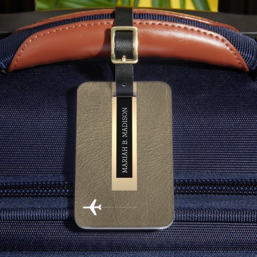 Eleganter Traveller Gold Metal & Leather Mit Monog Gepäckanhänger (Vorderseite Insitu 2)