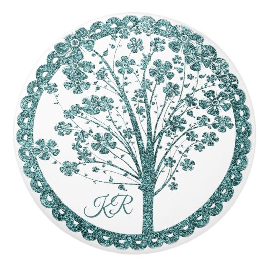 Eleganter Tree of Life Blue Glitzer Yoga Monogramm Keramikknauf (Vorderseite)