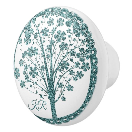 Eleganter Tree of Life Blue Glitzer Yoga Monogramm Keramikknauf (Rechts)