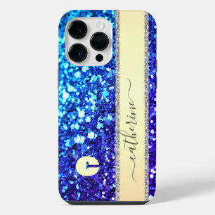 Eleganter Trend Navy Streifen Glitter Monogramm Na iPhone 14 Pro Max Hülle