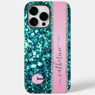 Eleganter Trendy Aquamarin Strip Glitzer Mit Monog Case-Mate iPhone 14 Pro Max Hülle
