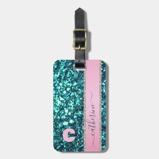 Eleganter Trendy Aquamarin Strip Glitzer Mit Monog Gepäckanhänger (Vorderseite vertikal)
