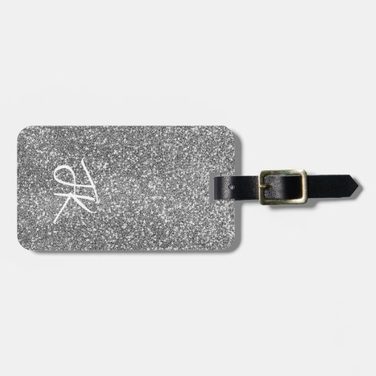 Eleganter trendy Silver Glitzer Mit Monogramm Name Gepäckanhänger (Vorderseite horizontal)