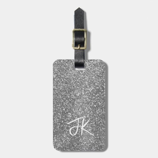 Eleganter trendy Silver Glitzer Mit Monogramm Name Gepäckanhänger (Vorderseite vertikal)