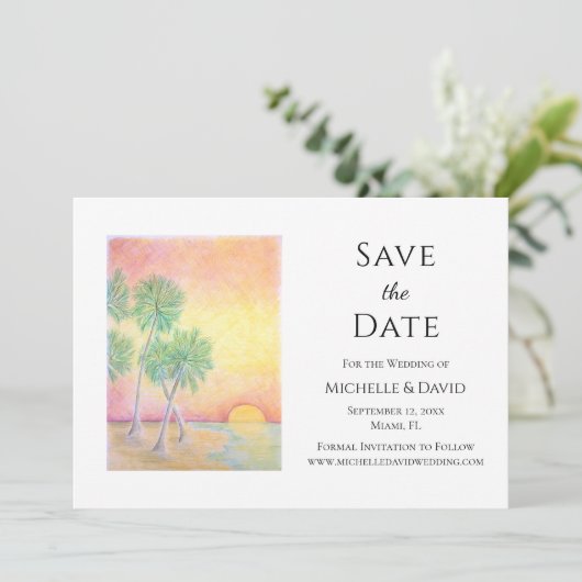 Eleganter Tropical Beach Hochzeit Save the Date (Stehend Vorderseite)