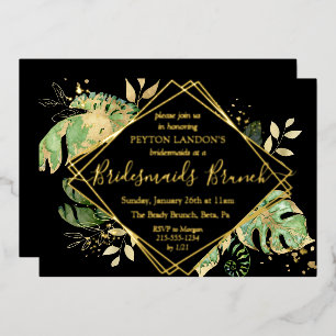 Eleganter Tropical Black & Gold Bridesmaids Brunch Folieneinladung