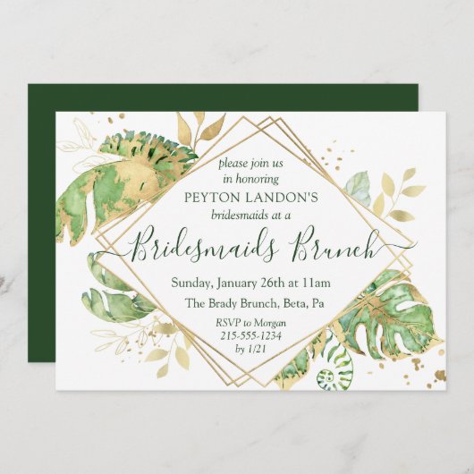 Eleganter Tropical Green & Gold Bridesmaids Brunch Einladung (Vorne/Hinten)
