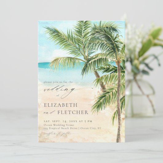 Eleganter Tropical Palm Tree Beach Hochzeit Einladung (Stehend Vorderseite)