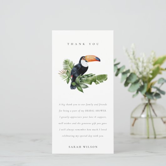 Eleganter tropischer Regenwald Toucan Fauna Hochze Dankeskarte (Stehend Vorderseite)