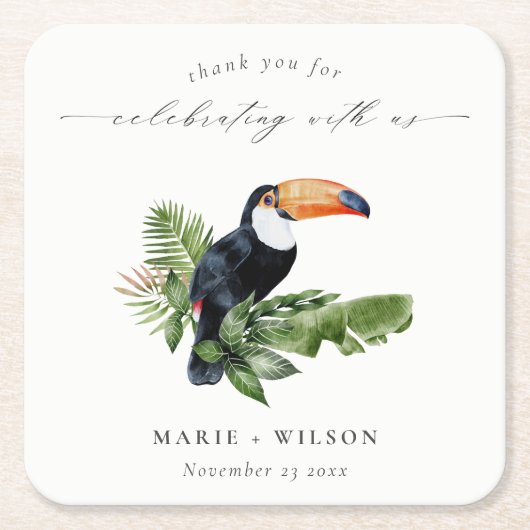 Eleganter tropischer Regenwald Toucan Wedding Rechteckiger Pappuntersetzer (Vorderseite)