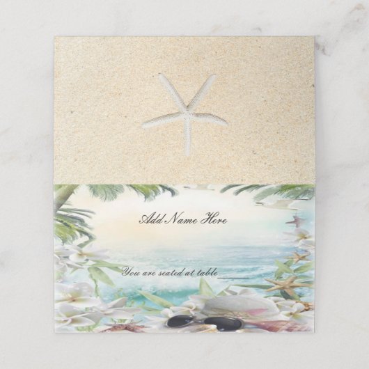 Eleganter tropischer Strand Hochzeitstisch Platzkarte (Außenseite Aufgefaltet)