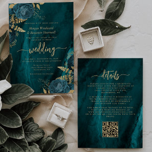 Eleganter Türkis Blau Gold Blumen QR-Code Hochzeit Einladung