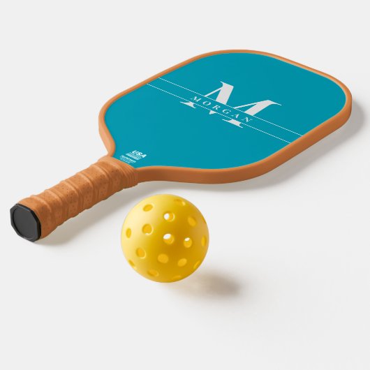 Eleganter Türkis-Blau-Weiß-Monogramm-Name personal Pickleball Schläger (Ablage2 )