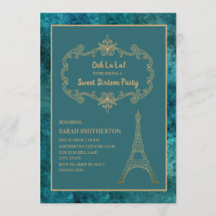 Eleganter Türkis-Gold-Eiffelturm Sweet 16 Einladung
