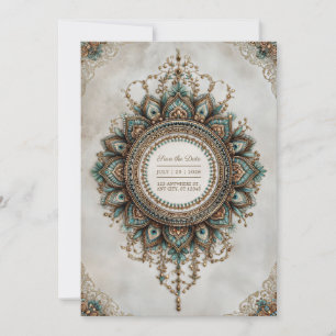 Eleganter Türkis Gold Pfau Mandala Boho Hochzeit Einladung
