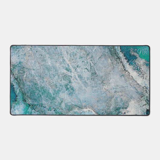 Eleganter türkisfarbener Aquamarin-grüner Monogram Schreibtischunterlage (Vorderseite)