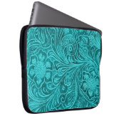 Eleganter türkisfarbener Lederlook verzierte Blume Laptopschutzhülle (Vorne Rechts)