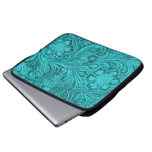 Eleganter türkisfarbener Lederlook verzierte Blume Laptopschutzhülle (Vorne Knopf)