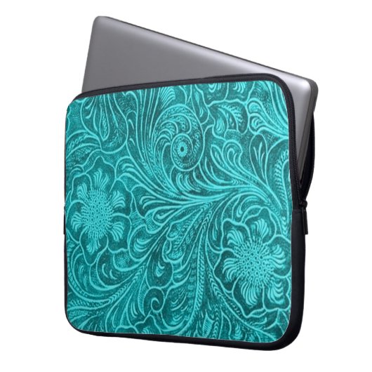 Eleganter türkisfarbener Lederlook verzierte Blume Laptopschutzhülle (Vorderseite Links)