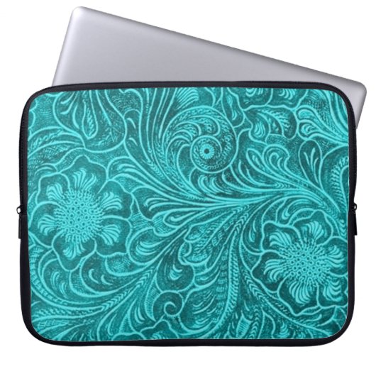 Eleganter türkisfarbener Lederlook verzierte Blume Laptopschutzhülle (Vorderseite)